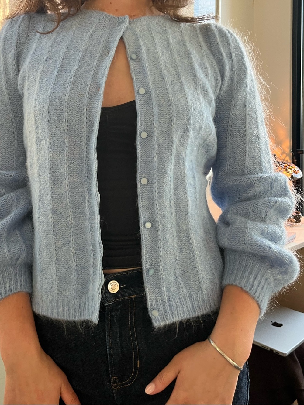 Sezane Soft Ribbed Mohair-Blend Button Cardigan, Baby Blue
